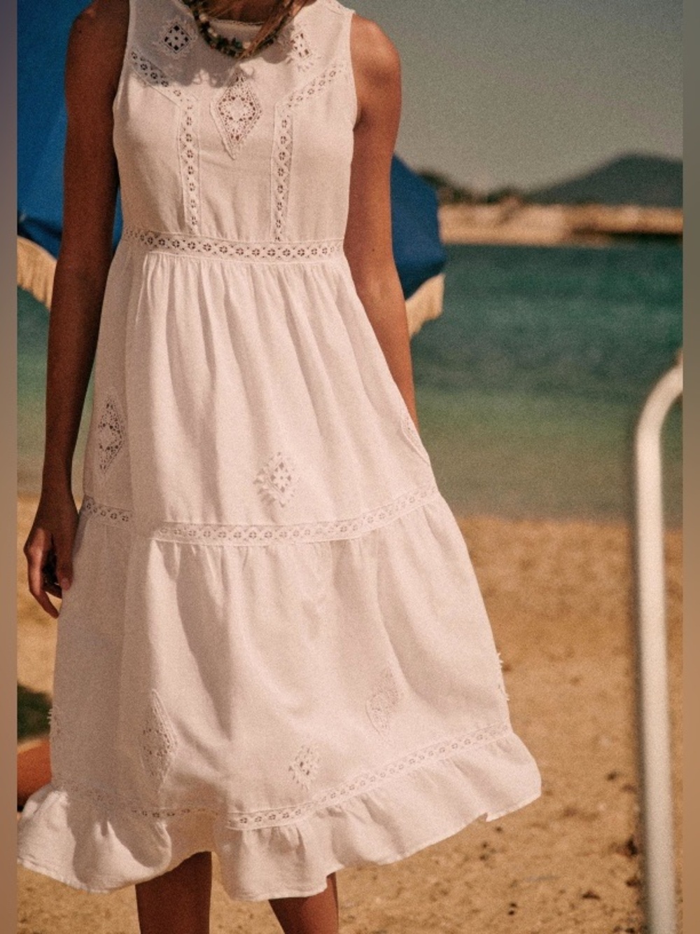 Sezane Zarri White Cotton Linen Embroidered Tiered Midi Dress Cottage Boho Sz 34